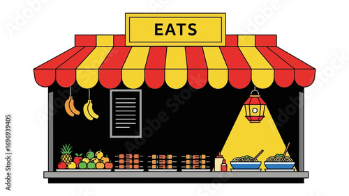 Street Food Stall Illustration: A vibrant, inviting illustration of a street food stall, brimming with a variety of tasty treats. Captured in a bold, colorful style with clean lines.