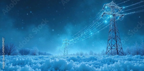 Icy blue electric wires snake across a frozen landscape, frost clinging to metal, conveying a sense of stark, frigid power , metal, electrical, wires