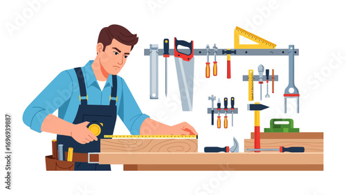 Woodworker at the Bench: A skilled woodworker, meticulously measures a wooden plank with a measuring tape amidst various tools hanging above.