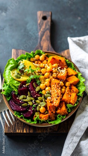 Colorful healthy bowl with roasted vegetables