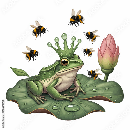 Majestic frog king crowned with water droplets reigns over lily pad surrounded by buzzing bees