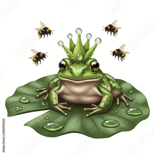 Whimsical frog king crowned with dewdrop crown, surrounded by buzzing bumblebees on a lily pad.