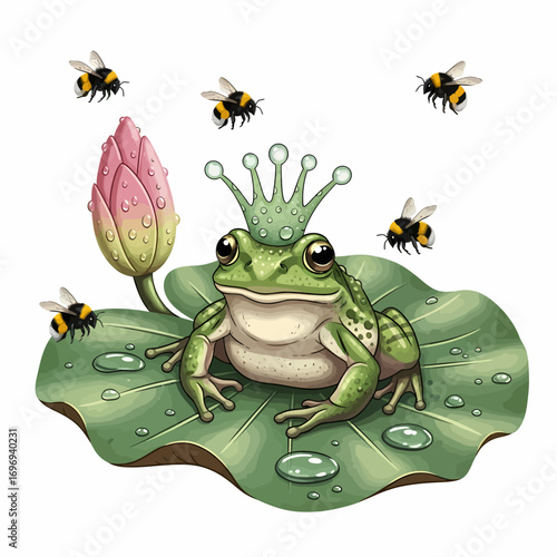 Regal frog wearing a crown sits on a lily pad surrounded by buzzing bees and a blooming lotus flower.