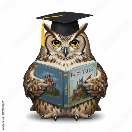 Wise owl wearing graduation cap and glasses reads fairy tales, symbolizing knowledge and imagination