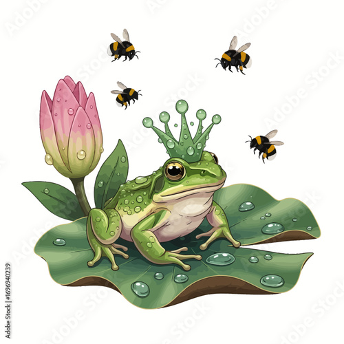 Regal frog wearing a crown sits on a lily pad with bees and a water lily bud