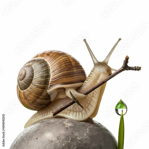 Curious snail explores nature holding tiny stick, a dewdrop glistens on grass