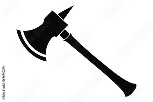 Black Firefighter Axe with Pick and Wooden Handle Isolated on White Background