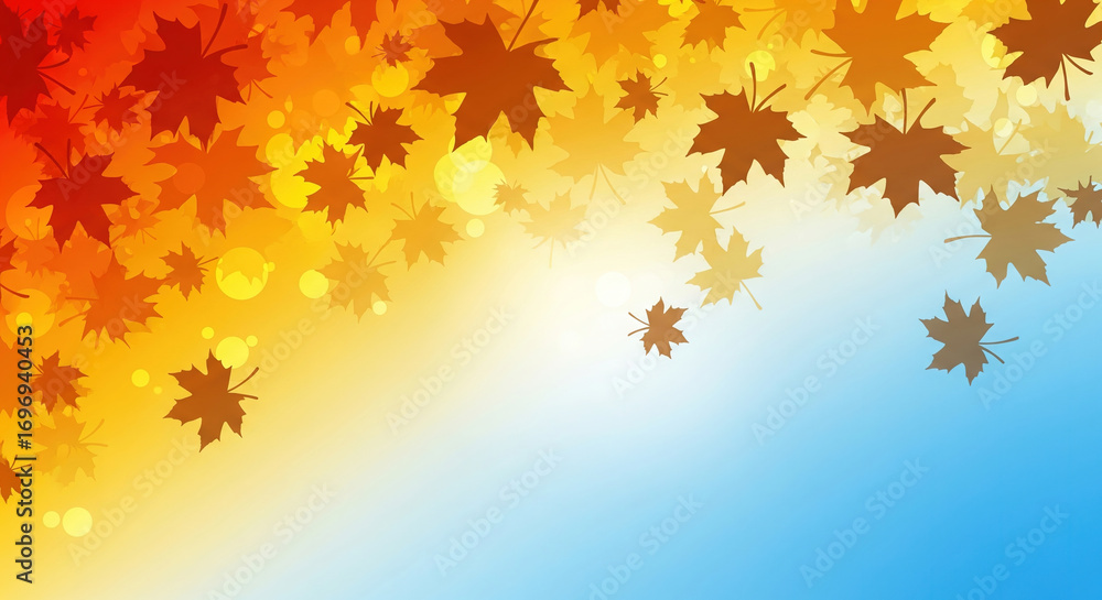 Obraz premium A backdrop symbolizing the transition of seasons, with colorful maple leaves transforming from autumn reds to sky blues, layered depth, and vibrant tones.