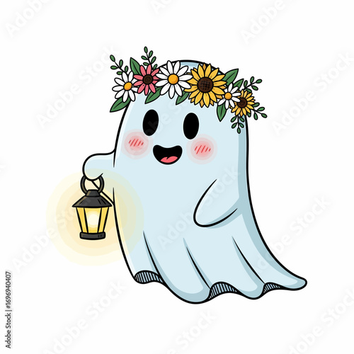 Adorable ghost with flower crown and lantern bringing warmth and joy to any design project