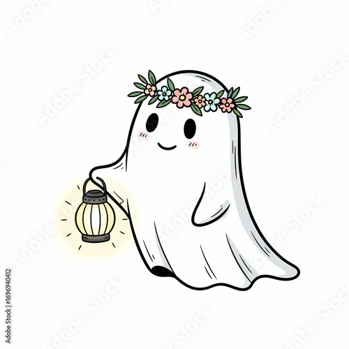 Adorable kawaii ghost with flower crown and glowing lantern brings cheerful spooky vibes