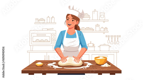 Artisan Baking: A skilled baker, bathed in natural light, kneads dough with expertise, surrounded by essential tools and ingredients, embodying the essence of culinary craftsmanship.
