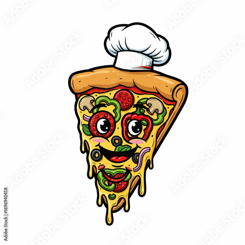 Happy chef pizza slice character with cheesy toppings ready to serve deliciousness