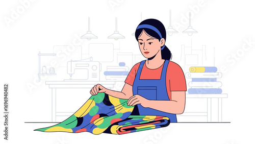 Crafting with Care: A skilled woman carefully examines a colorful patterned fabric, the epitome of artisan craftsmanship, as she prepares it for an enchanting artistic creation. 