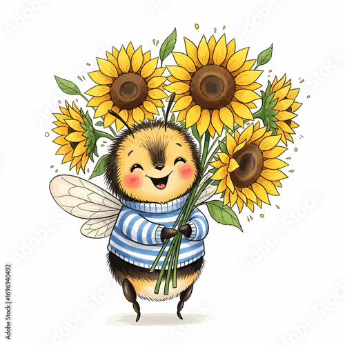 Adorable fuzzy bee character joyfully holding a vibrant bouquet of sunflowers, radiating happiness and warmth