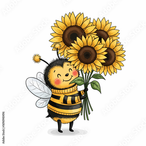 Adorable cartoon bee holding a vibrant bouquet of sunflowers, radiating joy and summer warmth