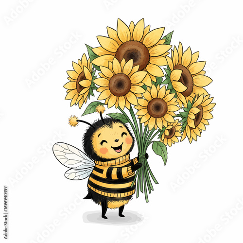 Joyful cartoon bee holding a vibrant sunflower bouquet, spreading happiness and summer cheer