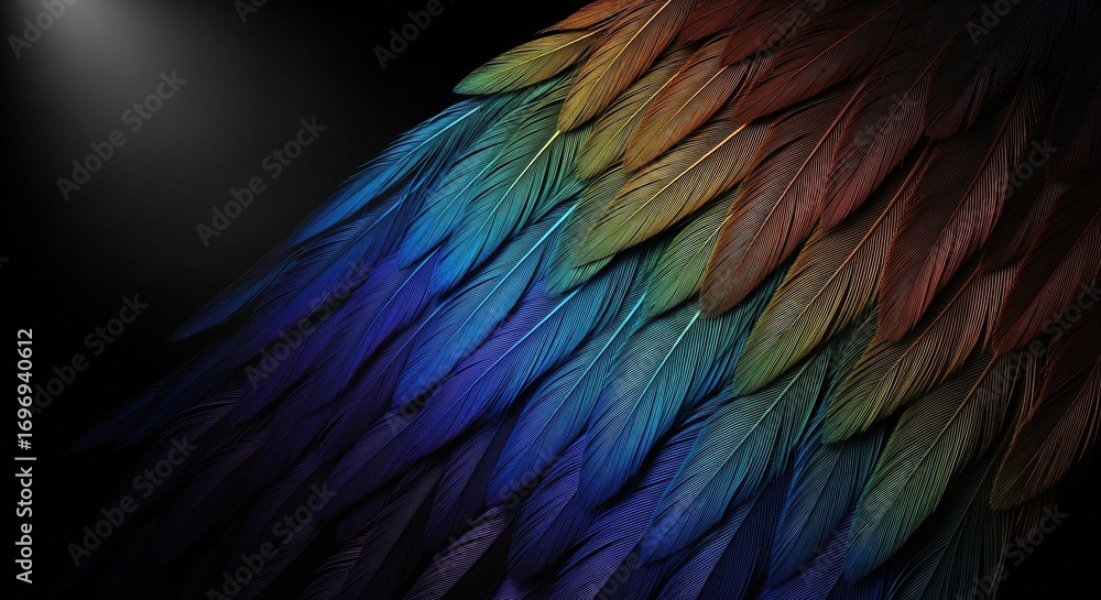 Obraz premium Close Up Of Colorful Feather Texture With Detailed Patterns And Iridescent Hues On Dark Background