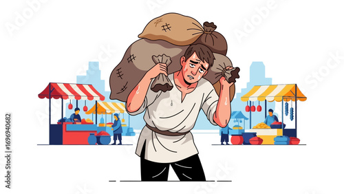 Weary Burden: A stoic figure bears the weight of heavy sacks, traversing a bustling market scene, a poignant depiction of resilience amid hardship.