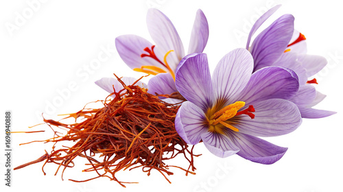 Vibrant saffron stigmas and purple crocus flowers captured in stunning detail for culinary use