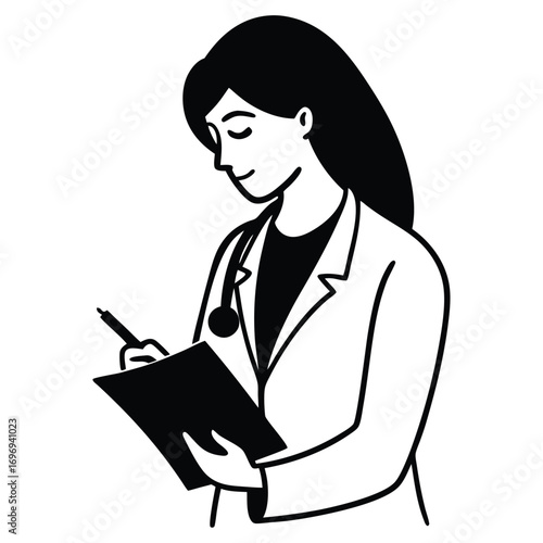 Female doctor writing prescription on white background