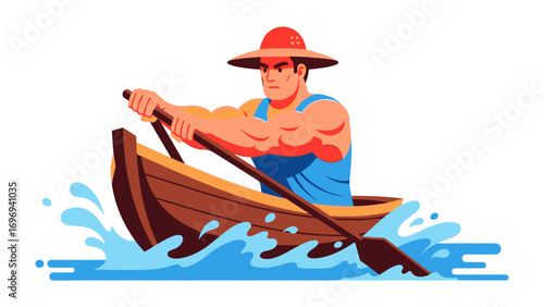 Man Rowing Boat: A Strong Man skillfully navigates a rowboat on a vibrant blue ocean. Sun-kissed skin contrasts the wooden boat, highlighting his determined focus as he navigates the water.