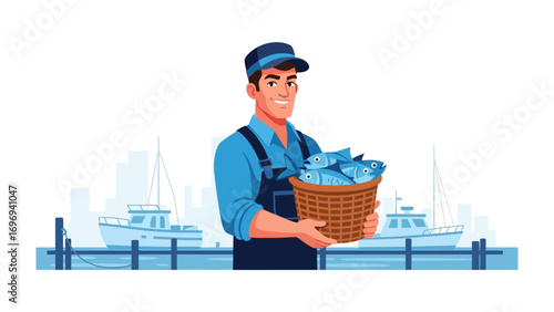 Fresh Catch: A cheerful fisherman, with a basket overflowing with fresh fish, stands confidently on the docks, backed by a picturesque view of boats and the horizon.