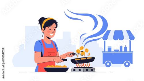 Culinary Scene: A culinary enthusiast joyfully prepares delectable food, creating an appetizing atmosphere with her skillful execution in the foreground. 