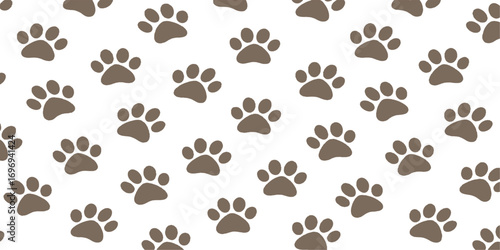 Seamless coffee pattern with dog paws, cups, and beans in a brown vector illustration