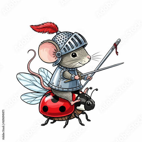 Brave mouse knight in shining armor riding ladybug with needle sword, whimsical adventure concept
