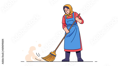 Sweeping away the Past: A woman, garbed in traditional attire, diligently sweeps with a broom, capturing a sense of simplicity, routine, and dedication.