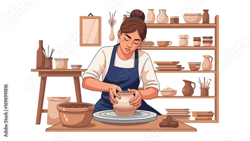 The Sculptor's Touch: A skilled artist molds wet clay on a spinning wheel, focused on creating exquisite ceramic forms in a bright, inviting studio setting.