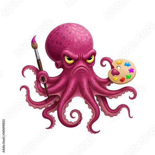 Angry artist octopus with paintbrush and color palette ready to create stunning art