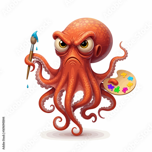 Angry artist octopus with paintbrush and palette ready to create, vibrant cartoon illustration
