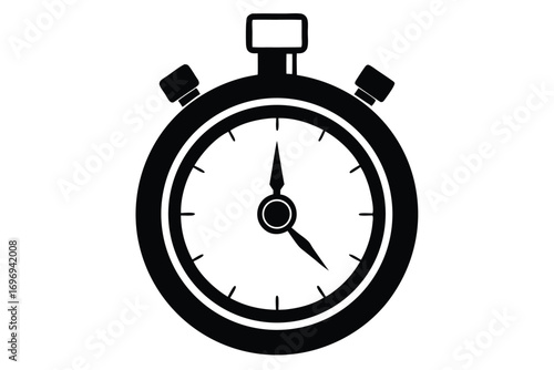 Black Silhouette of a Stopwatch with Hands Showing Time, Detailed Clock Face
