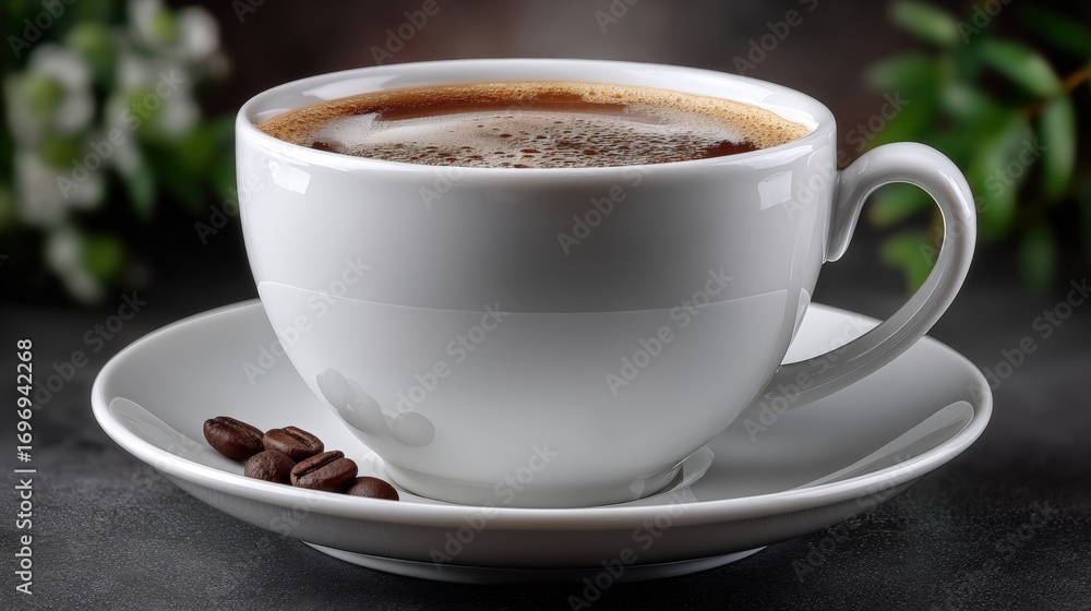 Fototapeta premium A cup of fresh brewed coffee with a saucer next to coffee beans