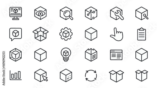 Minimalist line art icons depicting cubes and related concepts technology