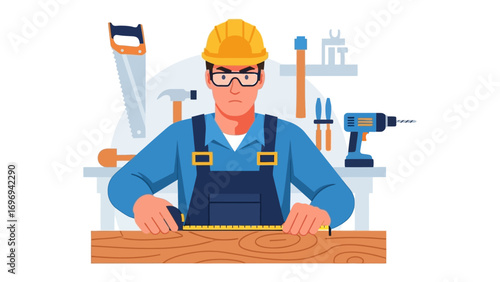 Carpenter measuring wood: A focused carpenter in protective gear meticulously measures a piece of wood, surrounded by his essential tools, embodying precision and craftsmanship in the workshop.