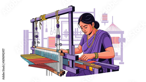 Artisan at Loom: A dedicated artisan weaves fabric at a traditional loom. The image is a testament to the skilled craftsmanship of textile production and a celebration of culture and heritage. 