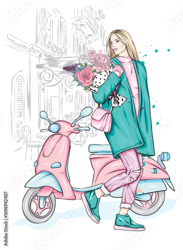 Beautiful girl and a cool motorcycle. Biker. Stylish woman. Fashion and style, clothes and accessories. Vector illustration for a card or poster. 