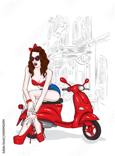 Beautiful girl and a cool motorcycle. Biker. Stylish woman. Fashion and style, clothes and accessories. Vector illustration for a card or poster. 