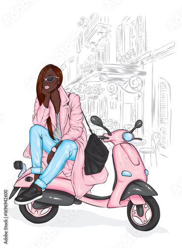 Beautiful girl and a cool motorcycle. Biker. Stylish woman. Fashion and style, clothes and accessories. Vector illustration for a card or poster. 