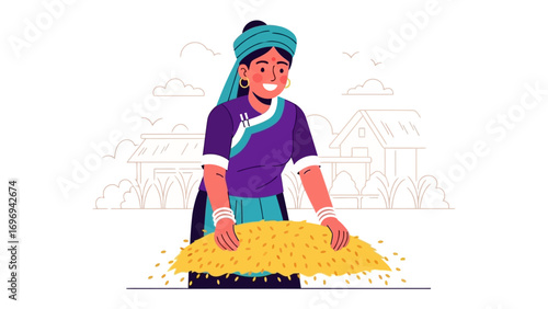 Rural Harvest: A traditional illustration portraying a woman gathering crops in a vibrant village scene, depicting hard work and the essence of farming life.