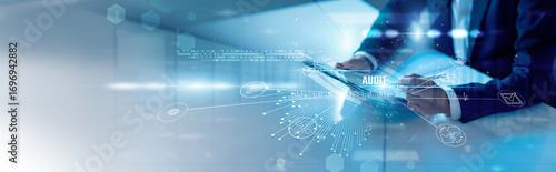 Businessman analysis audit reports and financial compliance, internal controls, risk mitigation, transaction monitoring, regulatory frameworks, data accuracy