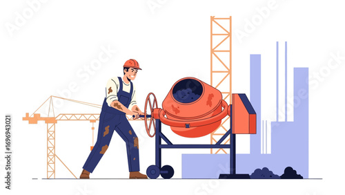 Construction worker with cement mixer : A construction worker tirelessly operates a cement mixer amidst the backdrop of towering construction cranes.