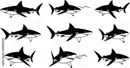 Black Shark Icons on White Background – Silhouette Vector Collection of Shark Symbols
