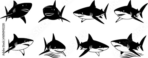 Black Shark Icons on White Background – Silhouette Vector Collection of Shark Symbols