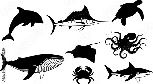 Set of Marine Animal Silhouettes on white Background – Dolphin, Marlin, Sea Turtle, Octopus, Stingray, Whale, Crab and Shark Vector Collection