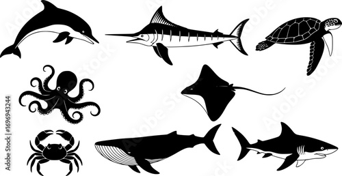 Set of Marine Animal Silhouettes on white Background – Dolphin, Marlin, Sea Turtle, Octopus, Stingray, Whale, Crab and Shark Vector Collection