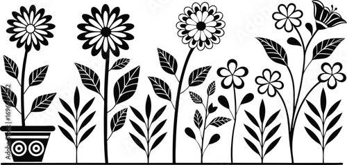 Black flower vector set feature abstract floral design silhouettes, and geometric patterns. Ideal for decoration, logos, and design projects. Includes minimalist botanical elements for creative illust