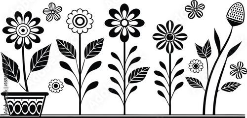 Black flower vector set feature abstract floral design silhouettes, and geometric patterns. Ideal for decoration, logos, and design projects. Includes minimalist botanical elements for creative illust